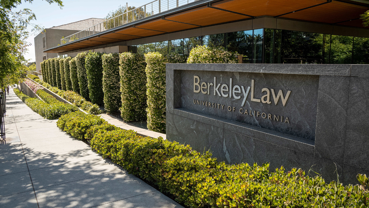 Signage for the Berkeley School of Law on the University of California, Berkeley campus in Berkeley, California,