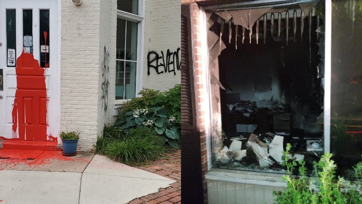 Side by side photos showing the red paint that was dumped at Capitol Hill Pregnancy Center and destruction at CompassCare office in Buffalo
