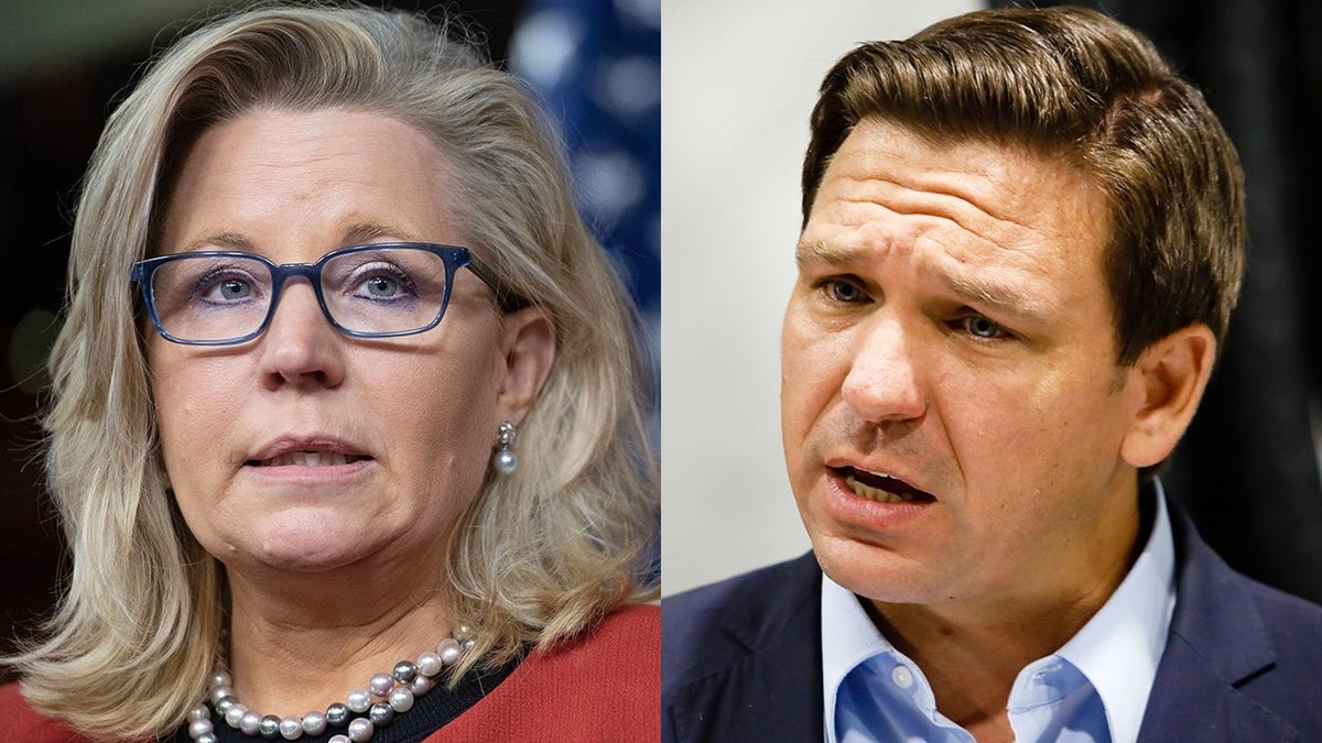 A side-by-side photo of Liz Cheney and Ron DeSantis