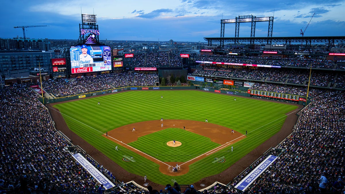 Coors Field pictured from above during a game between the Colorado Rockies and Los Angeles Dodgers