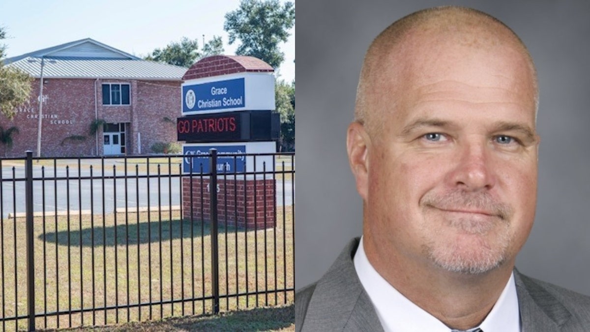 Side-by-side photo shows headshot of Grace Christian School administrator and the outside entrance of the school with school sign