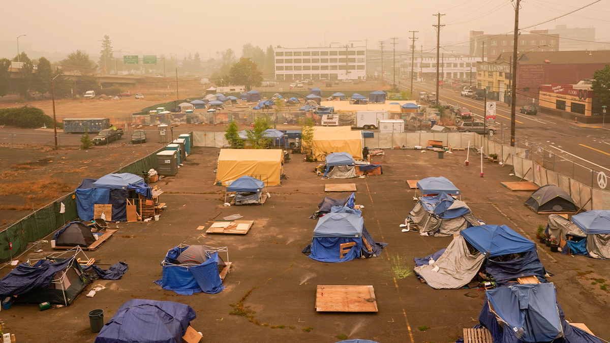 Homeless camp in Portland, Oregon, from elevated view