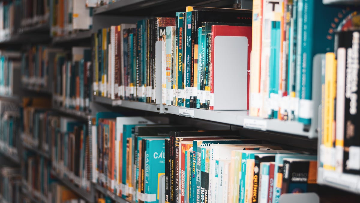 Bookcase in a library.