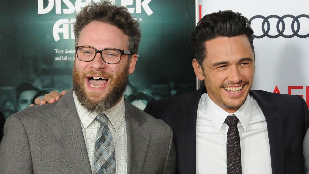Actor Seth Rogen and director James Franco standing together at TCL Chinese Theatre in Hollywood