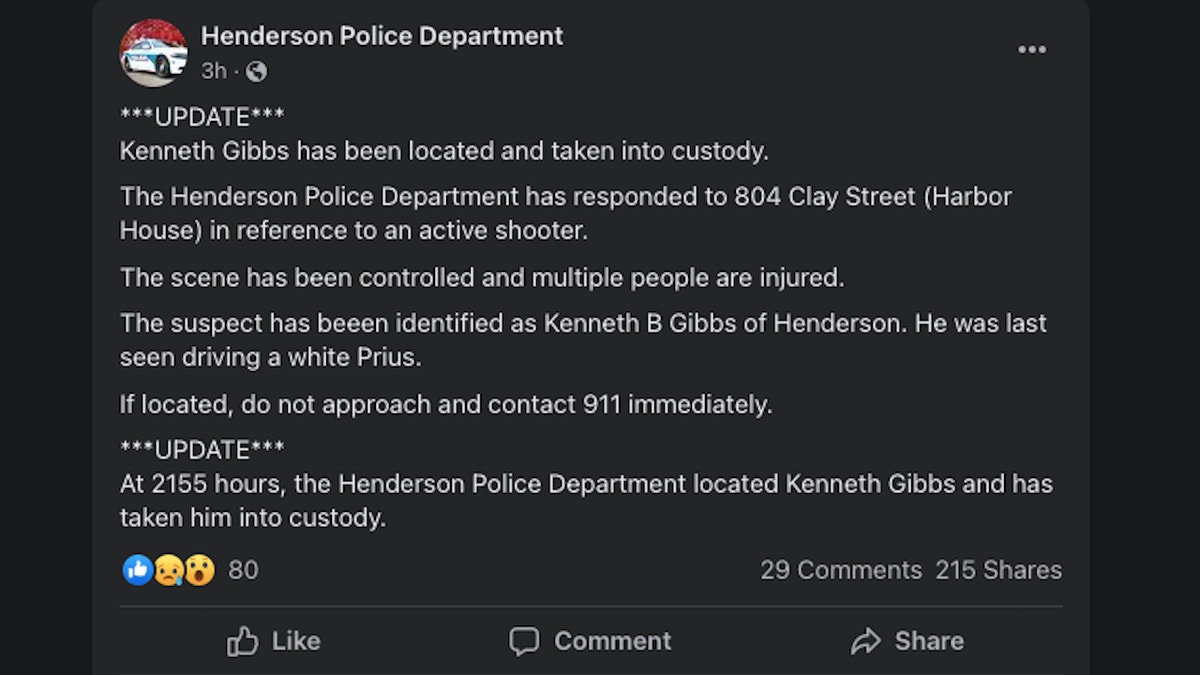 Facebook post about the arrest of the homeless shelter shooting suspect