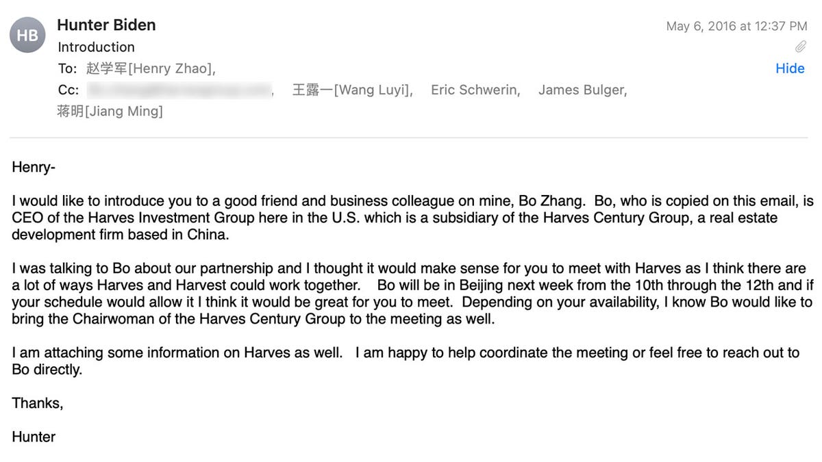 Hunter Biden email to Bo Zhang, Henry Zhao