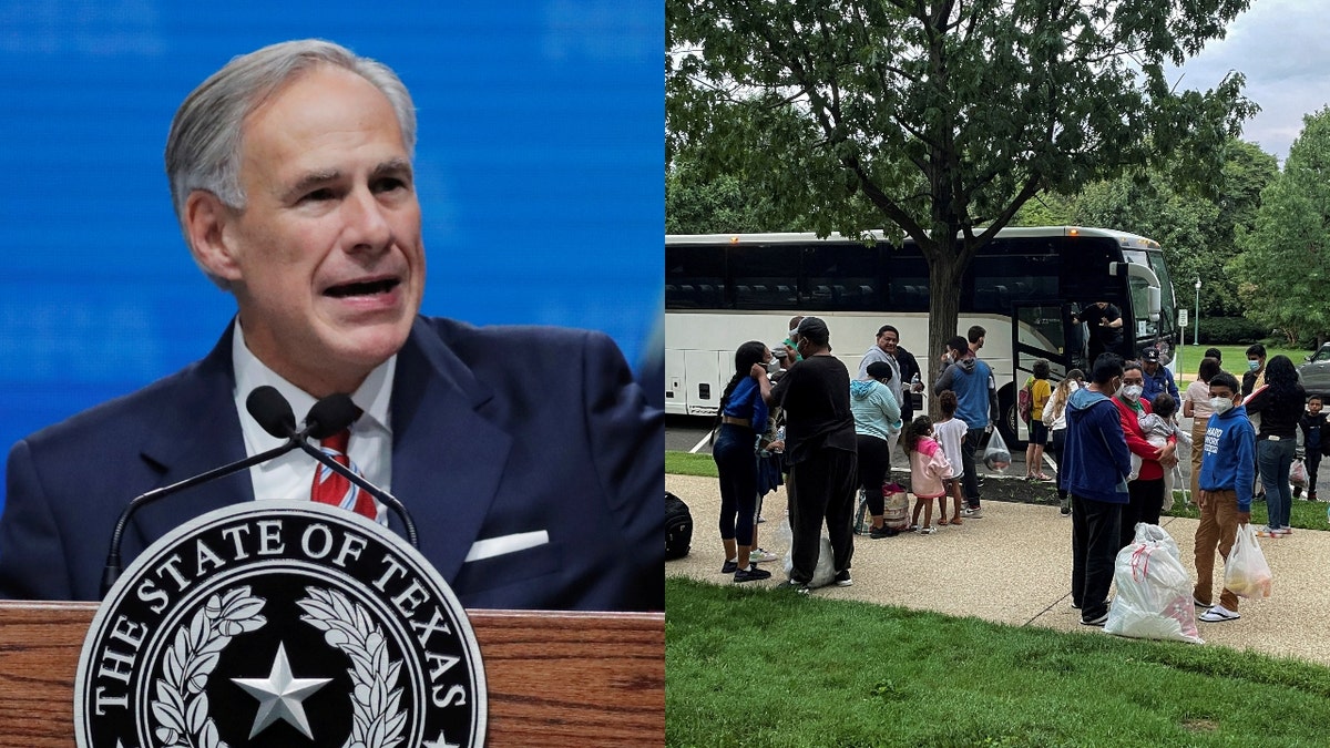 Compilation photo showing Texas Gov. Greg Abbott speaking at podium and photo of migrants near bus in DC from Texas