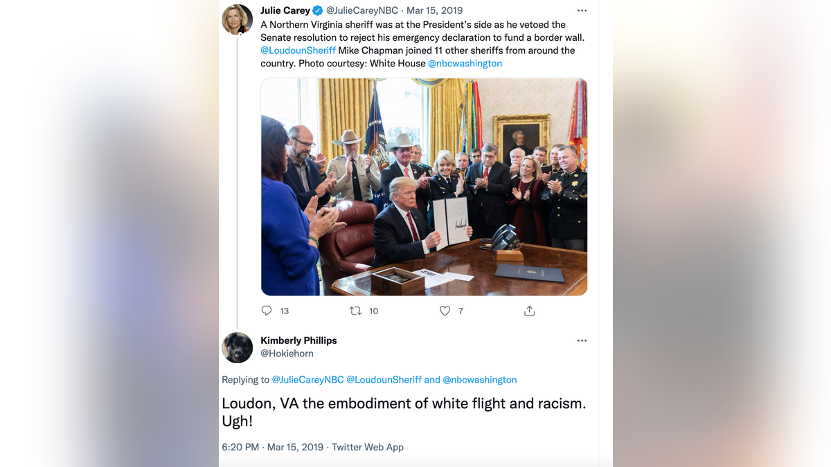 screen shot from Kimberly Phillips' Twitter account condemning Loudoun, Virginia, as "the embodiment of white flight and racism"