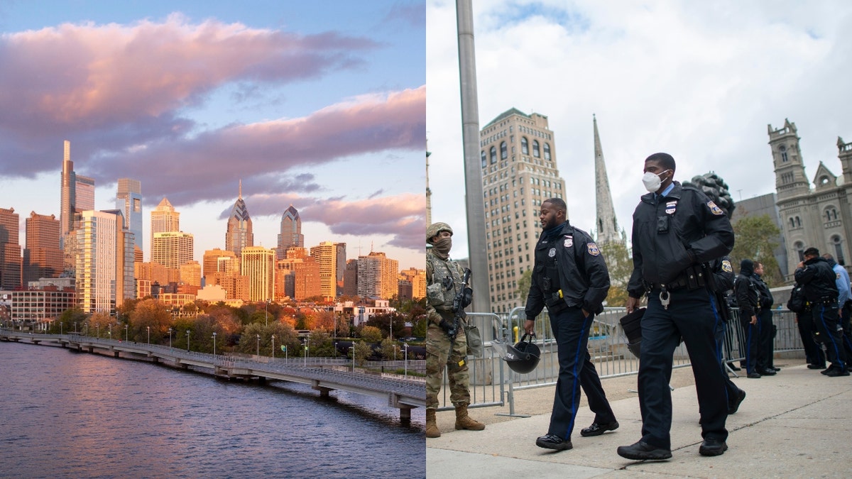 Photos show autumn Philadelphia skyline and Philadelphia police officers walking down street