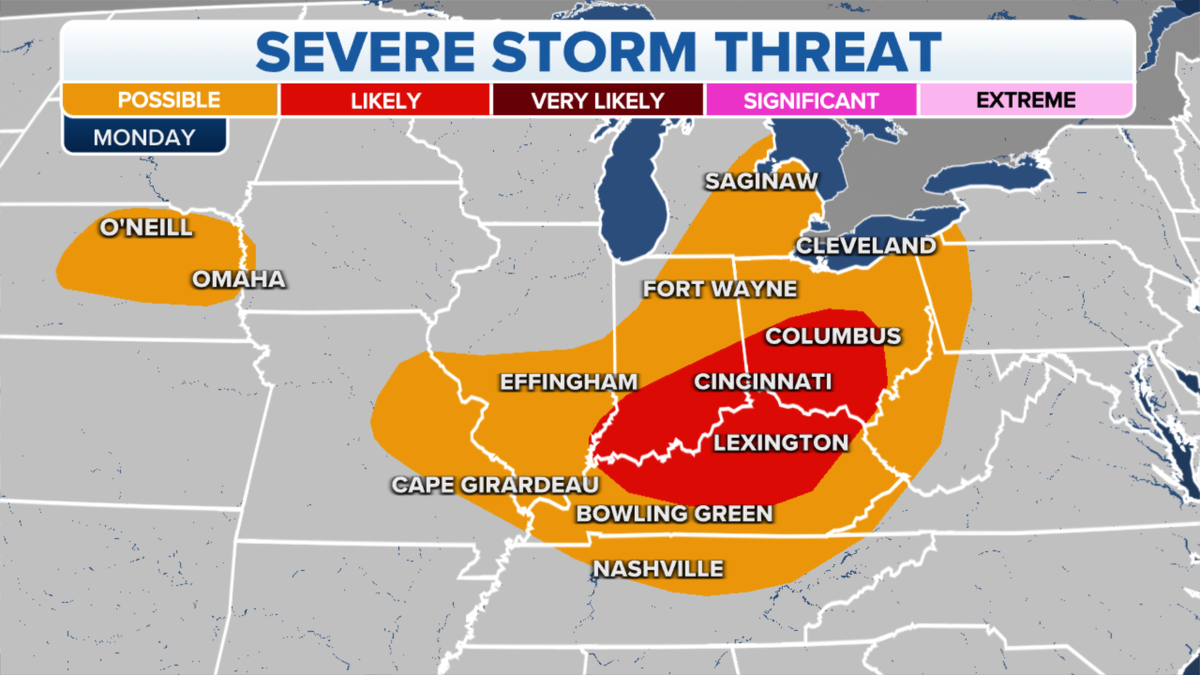 Map showing midwest facing severe storms