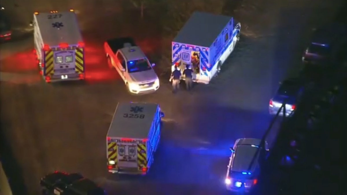 Aerial shot of ambulances at Six Flags in New Jersey