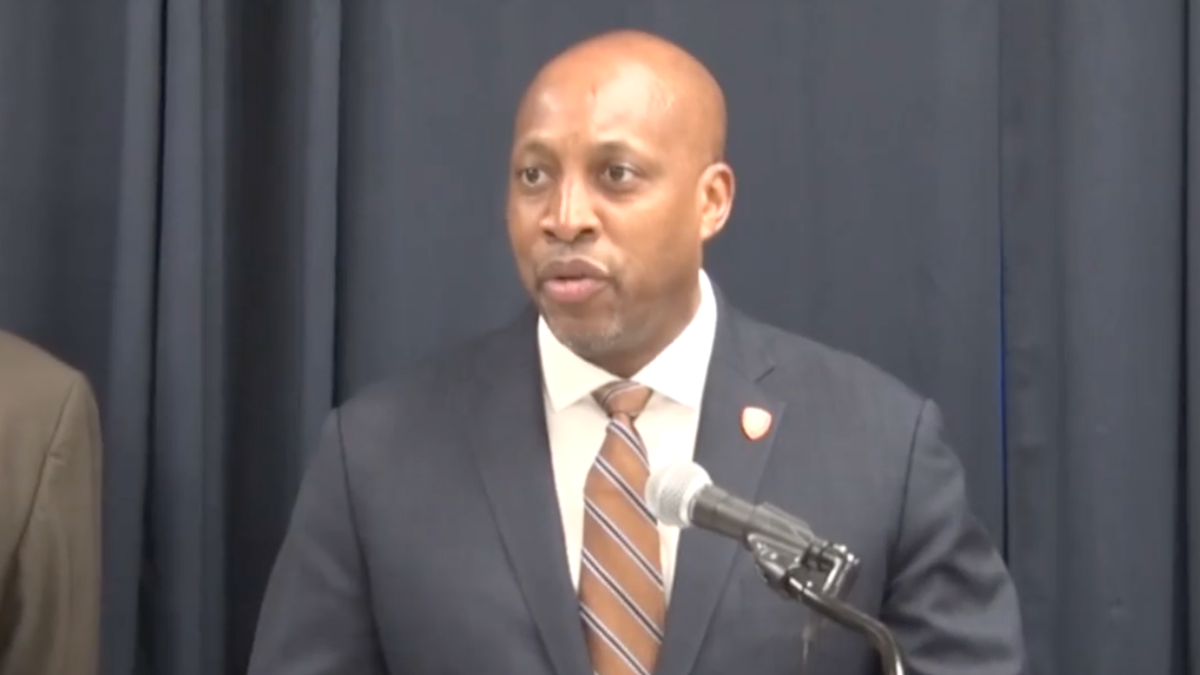 Screen shot of Rodney K. Harrison, the Suffolk County Police Commissioner, addressing the media 