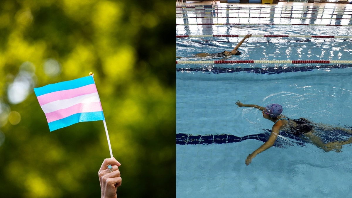 Side-by-side photo of transgender rights activist with trans pride flag and a photo of swimmers in a pool