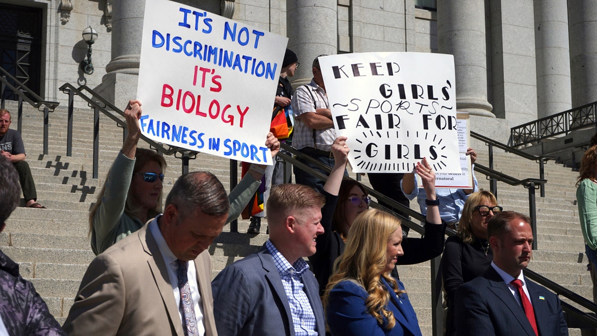 Protesters hold signs in favor of a law banning biological males from competing in girls sports