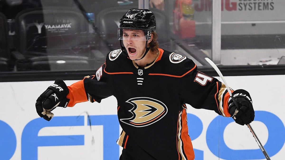 Trevor Zegras reacts to goal