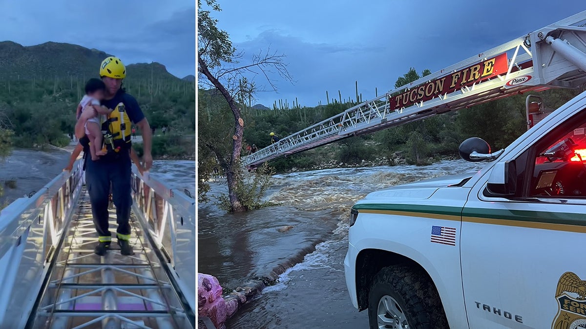 firefighter carrying infant across ladder