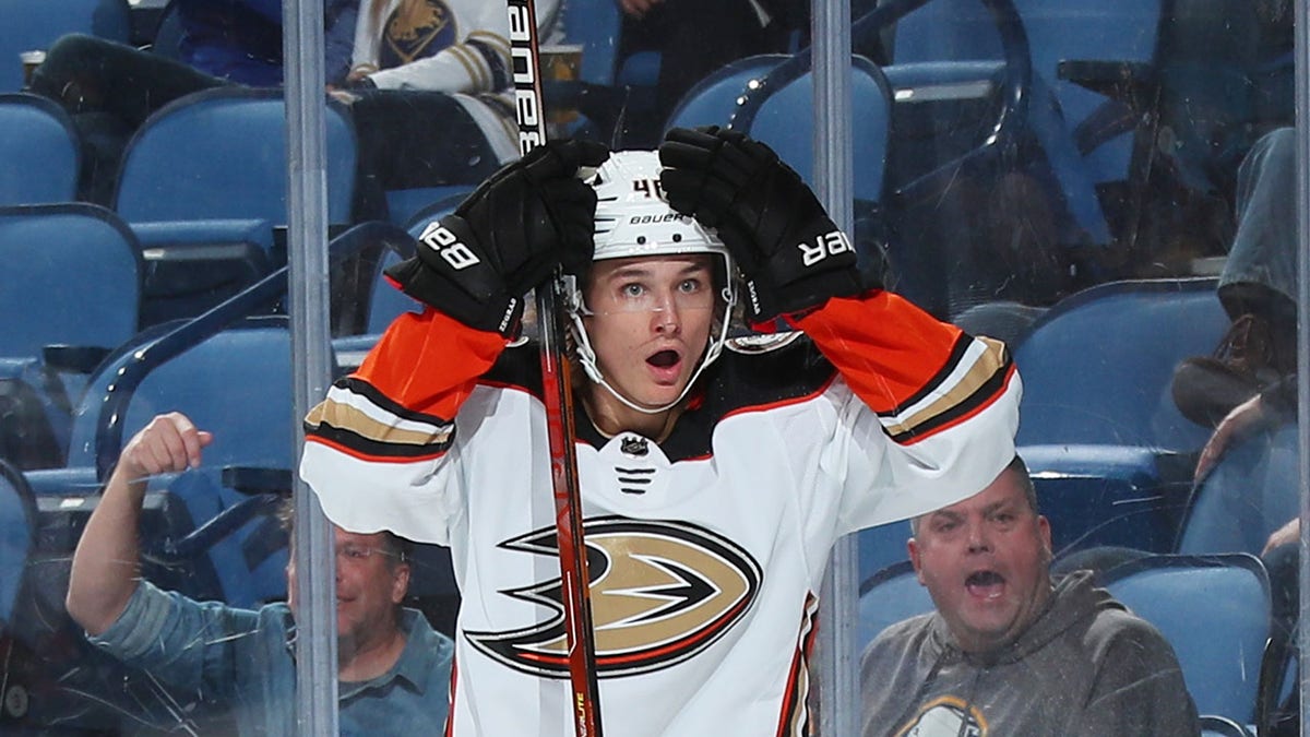 Trevor Zegras after alley-oop goal