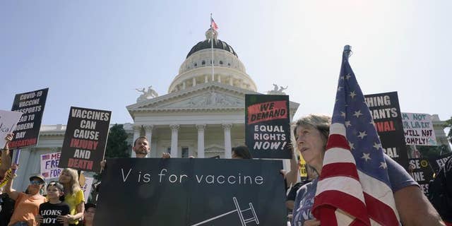 Protesters opposing vaccine mandates gather at the Capitol in Sacramento, Calif., Sept. 8, 2021. 