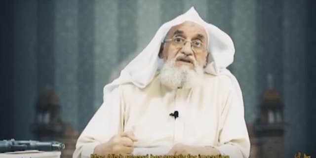 This image taken from a video issued by al-Sahab, al Qaeda's media branch, on April 5, 2022, shows al Qaeda leader Ayman Al Zawahiri speaking. In the rare video, Al Zawahiri praises Muskan Khan, an Indian Muslim woman who in February defied a ban on hijab wearing, revealing the first proof in months that he is still alive.