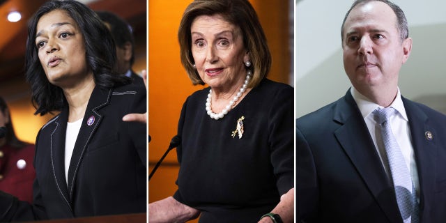 From left to right: Rep. Pramila Jayapal, D-Wash., House Speaker Nancy Pelosi, D-Calif., Rep. Adam Schiff, D-Calif.