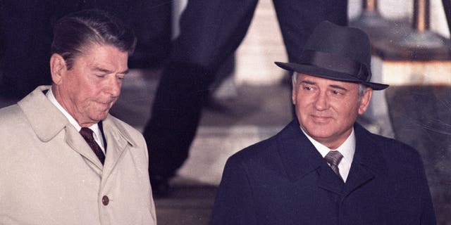 U.S. President Ronald Reagan, left, and Soviet leader Mikhail Gorbachev leave Hofdi House after finishing their two days of talks during a mini-summit in Reykjavík, Iceland, on October 12, 1986.