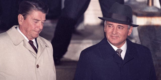 U.S. President Ronald Reagan, left, and Soviet leader Mikhail Gorbachev leave Hofdi House after finishing their two days of talks during a mini-summit in Reykjavik, Iceland, on Oct. 12, 1986.