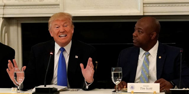 U.S. President Donald Trump speaks during a lunch meeting with Senate Republicans to discuss healthcare at the White House in Washington