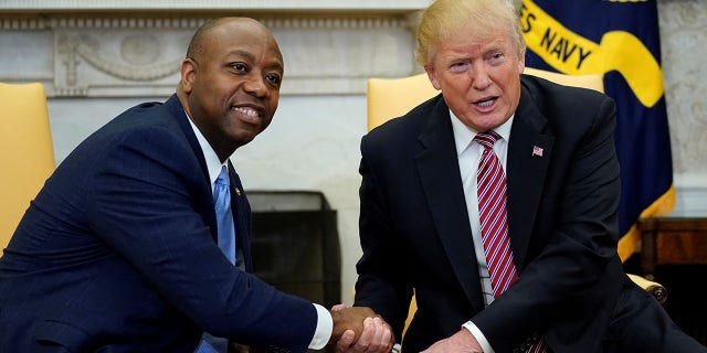 U.S. President Donald Trump shakes hands with Senator Tim Scott during in a working session regarding the Opportunity Zones provided by tax reform in the Oval Office of the White House in Washington, U.S.
