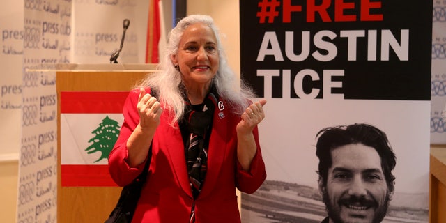 Debra Tice, mother of US journalist Austin Tice, reacts after a press conference in Beirut, Lebanon. 