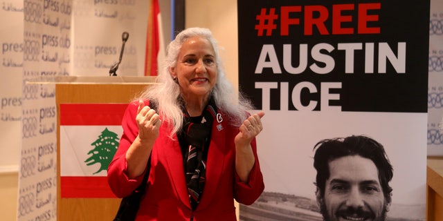 Debra Tice, mother of US journalist Austin Tice, reacts after a press conference in Beirut, Lebanon. 