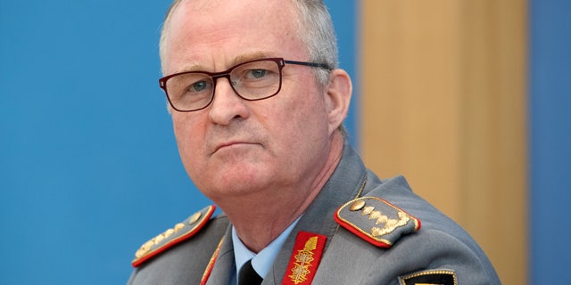 Eberhard Zorn, Bundeswehr Inspector General, attends a press conference on Bundeswehr-backed coronavirus containment measures in Berlin, Germany, on March 19, 2020. 