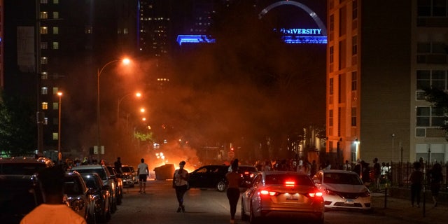 A fire set in the middle of a street is pictured during a protest against the death in Minneapolis police custody of African-American man George Floyd, June 1, 2020.