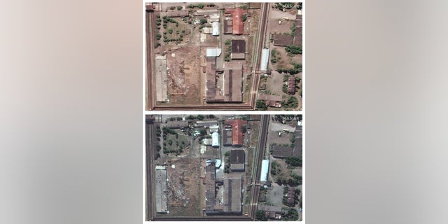 A combination photo shows satellite images of a prison before a strike on a facility in Olenivka, Ukraine, on July 27, 2022, top, and after an attack on July 30, 2022.
