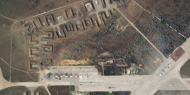A satellite image shows destroyed Saky air base in Crimea, August 10, 2022. 