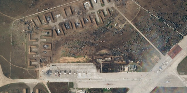A satellite image shows destroyed Saky air base in Crimea, August 10, 2022.