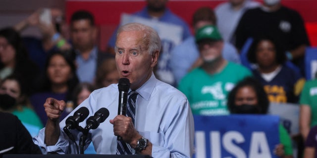 U.S. President Joe Biden speaks at a Democratic National Committee rally at Richard Montgomery High School, in Rockville Maryland, U.S. August 25, 2022. REUTERS/Leah Millis