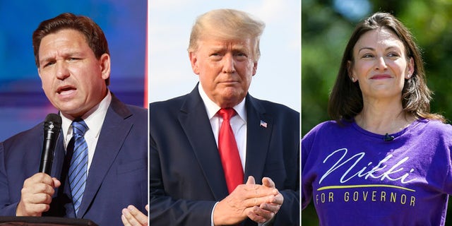 From left to right: Florida Gov. Ron DeSantis, former President Trump, Florida Democratic gubernatorial nominee Nikki Fried.
