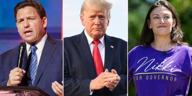 From left to right: Florida Gov. Ron DeSantis, former President Trump, Florida Democratic gubernatorial nominee Nikki Fried.
