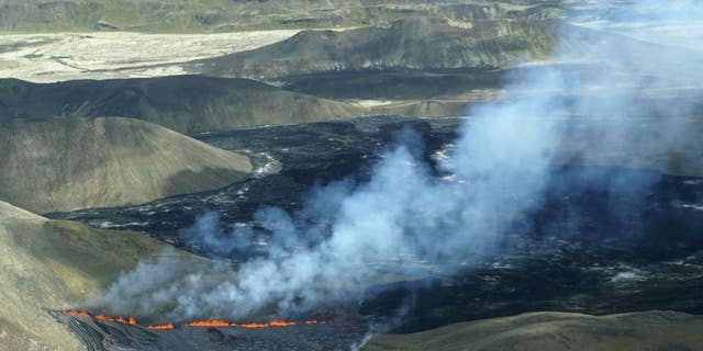An aerial view of the activity of the Fagradalsfjall volcano in Iceland on Wednesday August 2. 3, 2022, which is located 32 kilometers (20 miles) southwest of the capital city of Reykjavik and close to Keflavik International Airport.