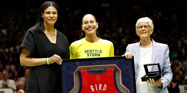 Sue Bird #10 of the Seattle Storm is honored before her last regular season home game of her career against the Las Vegas Aces at Climate Pledge Arena on August 07, 2022 in Seattle, Washington. 