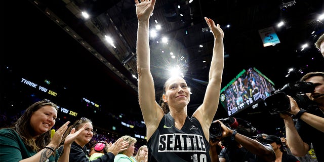 Sue Bird #10 of the Seattle Storm waves to fans after her last regular season home game of her career against the Las Vegas Aces at Climate Pledge Arena on August 07, 2022 in Seattle, Washington. 