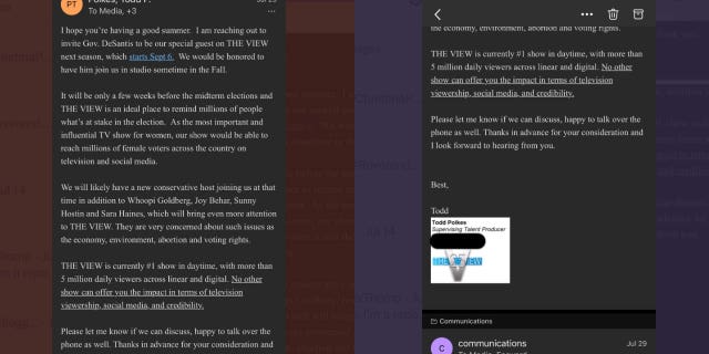 An email from 'The View' requesting Gov. Ron DeSantis' appearance on the show in the fall.