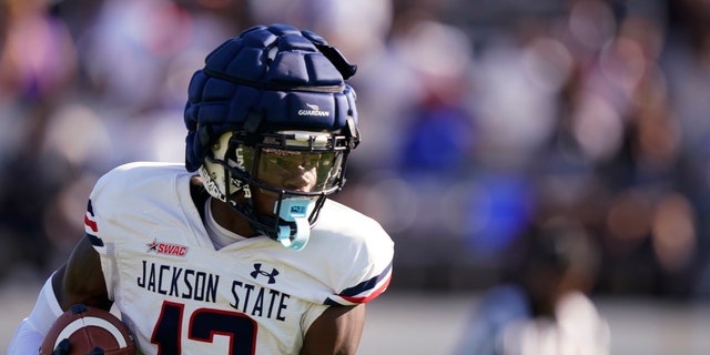 Travis Hunter, above, catches a pass in the first half of Jackson State's spring football game on April 24, 2022, in Jackson, Mississippi. Hunter was likely the most talked about recruit in the 2022 class, if not before signing day, but certainly after when he opted to play at Jackson State. 