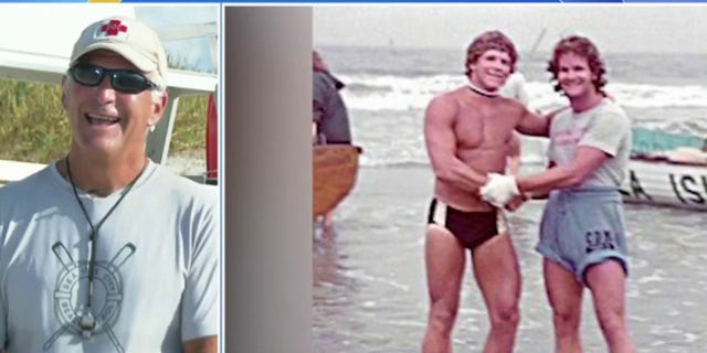 Retired anesthesiologist Dr. Eric Greensmith joins "Fox and Friends" to discuss returning to the lifeguard stand after 50 years on Monday, Aug. 29, 2022. He's shown at far right in his younger days.