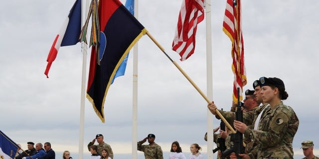 Members of the U.S. Army National Guard's 29th Infantry Division take part in ceremonies on the 75th anniversary of the D-Day landings in Normandy, France.