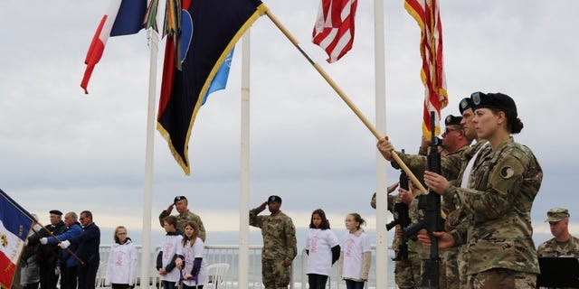 Members of the U.S. Army National Guard's 29th Infantry Division take part in ceremonies on the 75th anniversary of the D-Day landings in Normandy, France.