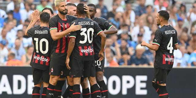 AC Milan's Olivier Giroud #9 celebrates after scoring the second goal during the Friendly match between Marseille and AC Milan at Orange Velodrome on July 31, 2022 in Marseille, France.