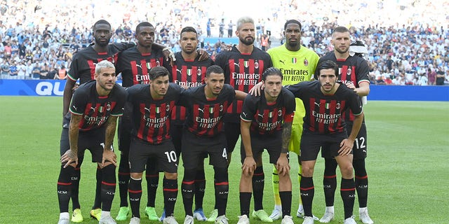 Players of Milan pose for photo prior to the Friendly match between Marseille and Milan AC at Orange Velodrome on July 31, 2022 in Marseille, France. 