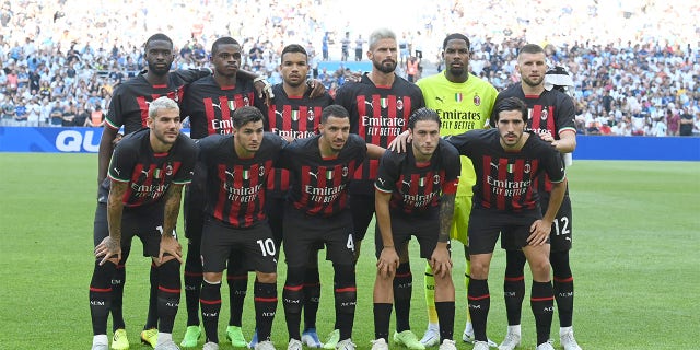 Players of Milan pose for photo prior to the Friendly match between Marseille and Milan AC at Orange Velodrome on July 31, 2022 in Marseille, France.