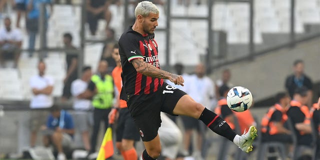 Theo Hernandez of AC Milan in action during the Friendly match between Marseille and Milan AC at Orange Velodrome on July 31, 2022 in Marseille, France. 